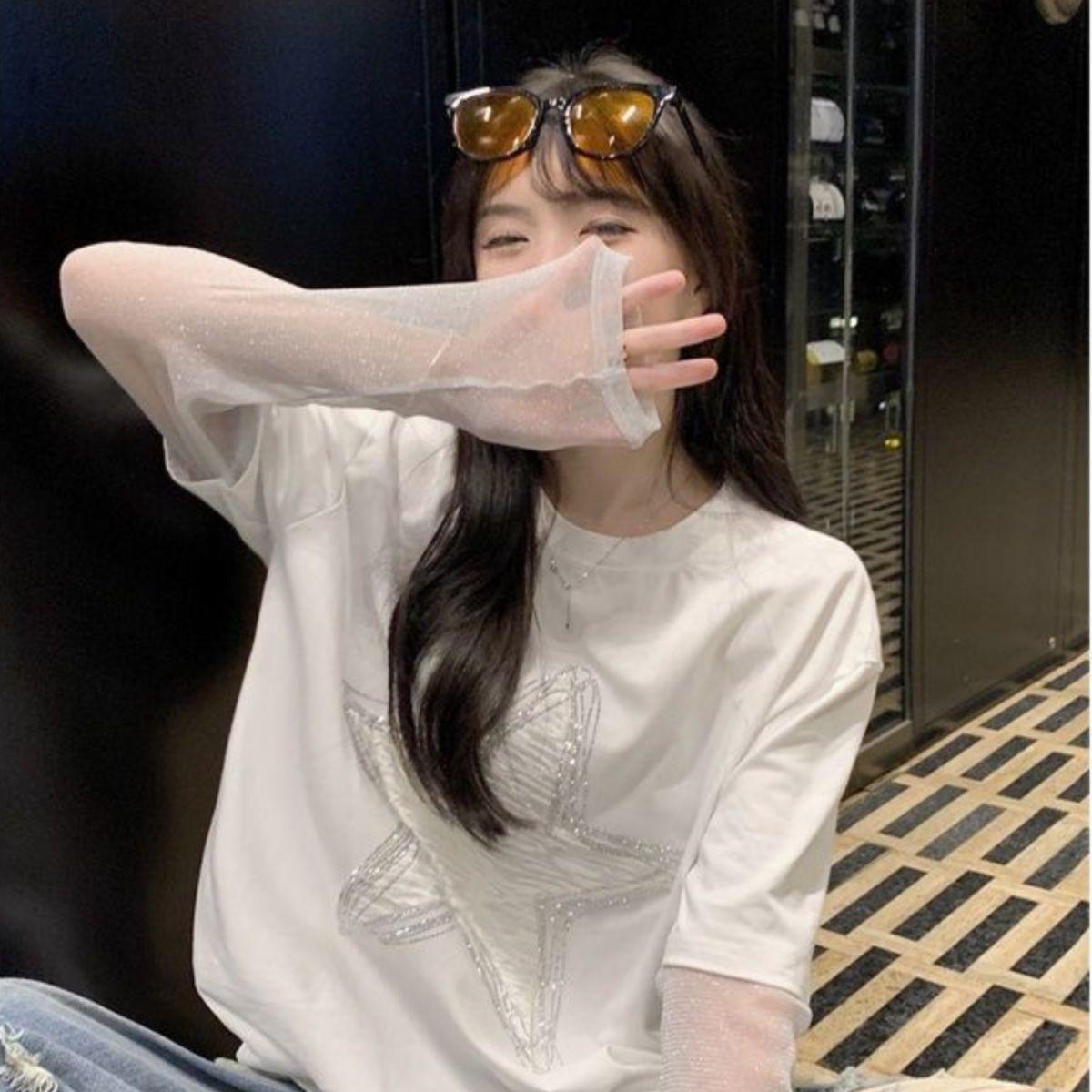 

Harajuku Women Clothing Chic Tshirts Patchwork Fake Two Tees Y2k Tops Star Long Sleeve Casual Korean Oversized T-shirt S білий