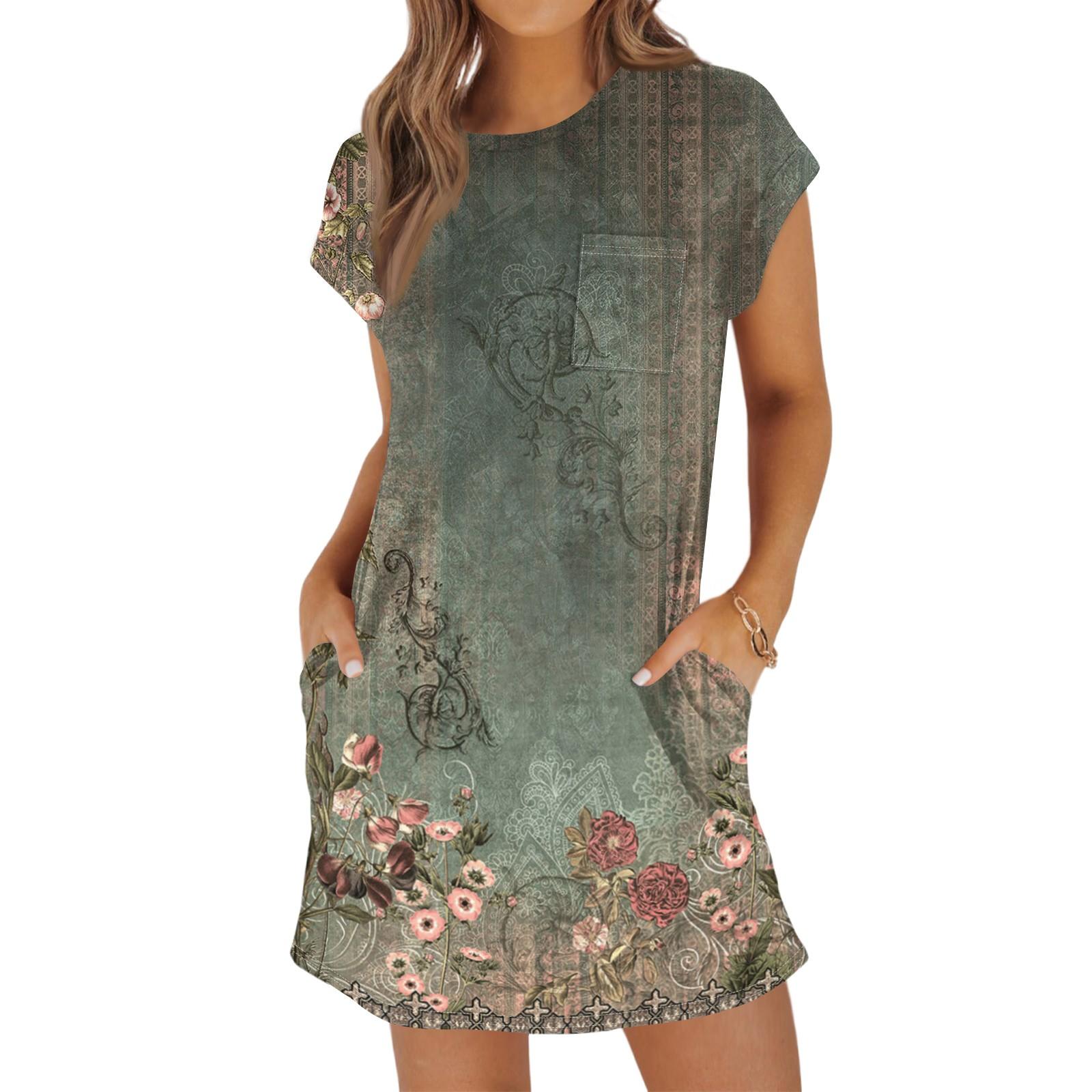 

Женская мода повседневная летняя винтажная цветочная печать короткий рукав круглый вырез свободное платье с карманами M