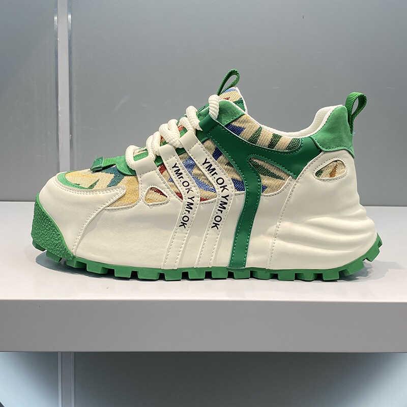 Men's Trendy American Street Style Leather & Cloth Casual Sneakers: Handsome, Low-Key, Elastic Dad Shoes