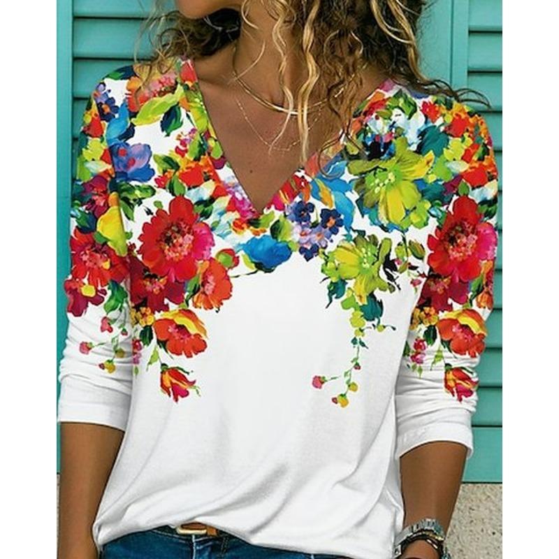 V-neck 3D Printed Top Fashionable Casual Long Sleeved Women's T-shirts