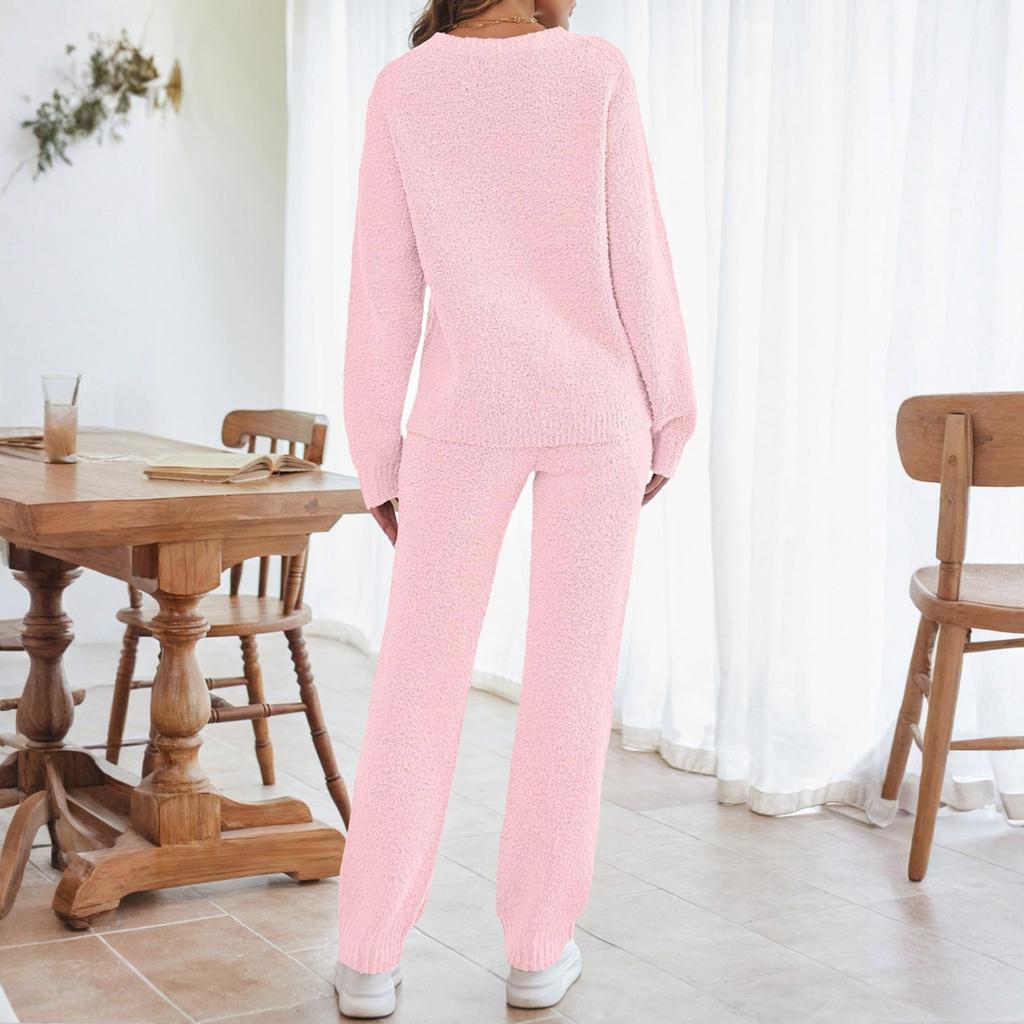 Women's Solid Color Round Neck Long Sleeve Trousers Thick Warm Suit