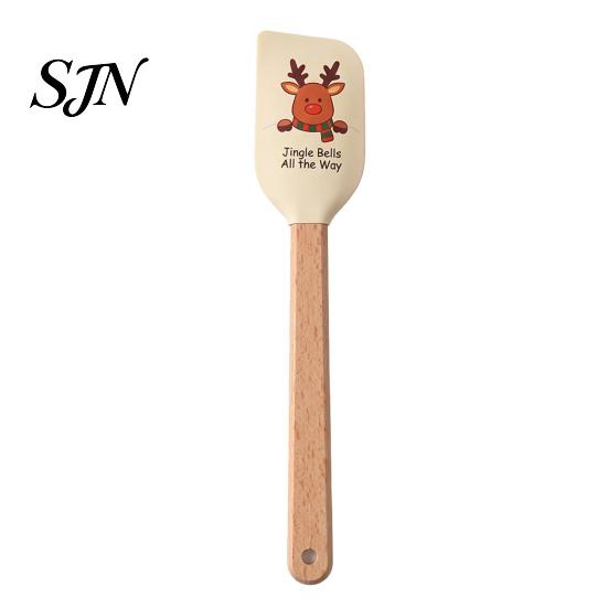 Practical Christmas Gifts for Bakers Silicone Spatula with Wooden Handle, Tree/Snowman/Santa Claus/Elk Pattern Hanging Hole Decor, Heat Resistant