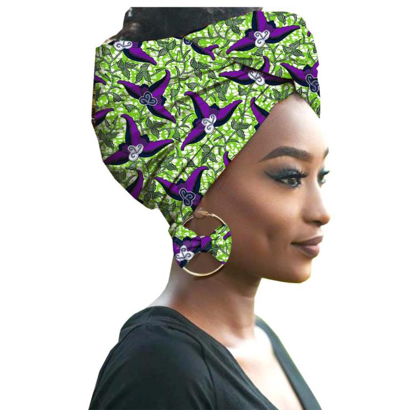 African Print Women Head Bandana Cotton With Matching earring Balaclava Headscarf Bandana Mujer Headband Set Hair Accessories