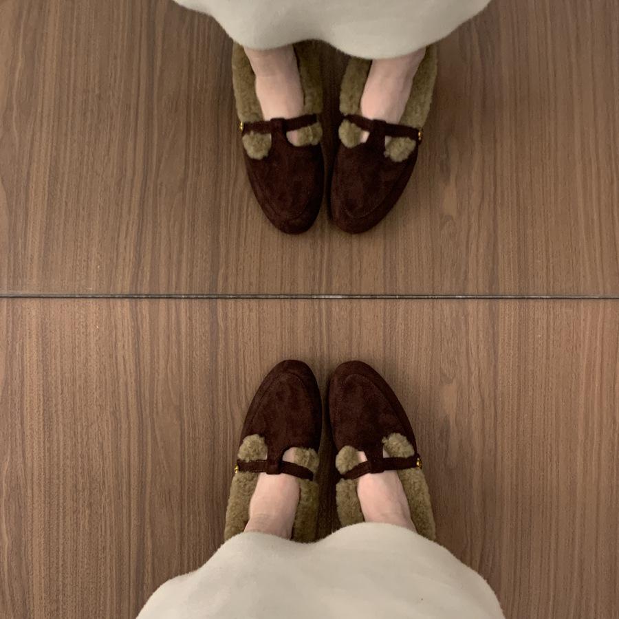 Suede Retro Velvet Warm Cotton Shoes Female Autumn and Winter Fairy Wind Mary Jane Fluffy Shoes Female