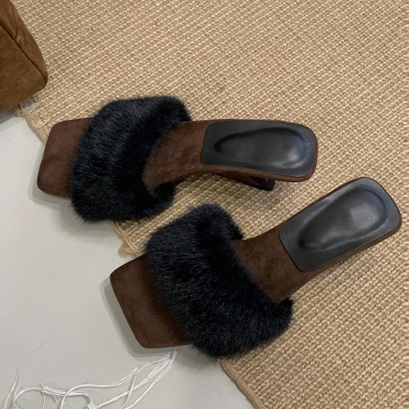 

Модные туфли-клинья Liyke в странном стиле с ажурной отделкой для женщин, меховые пушистые туфли на высоком каблуке, шлепанцы, модные сандалии для вечеринки, женские мюли, слайды 35 чёрный