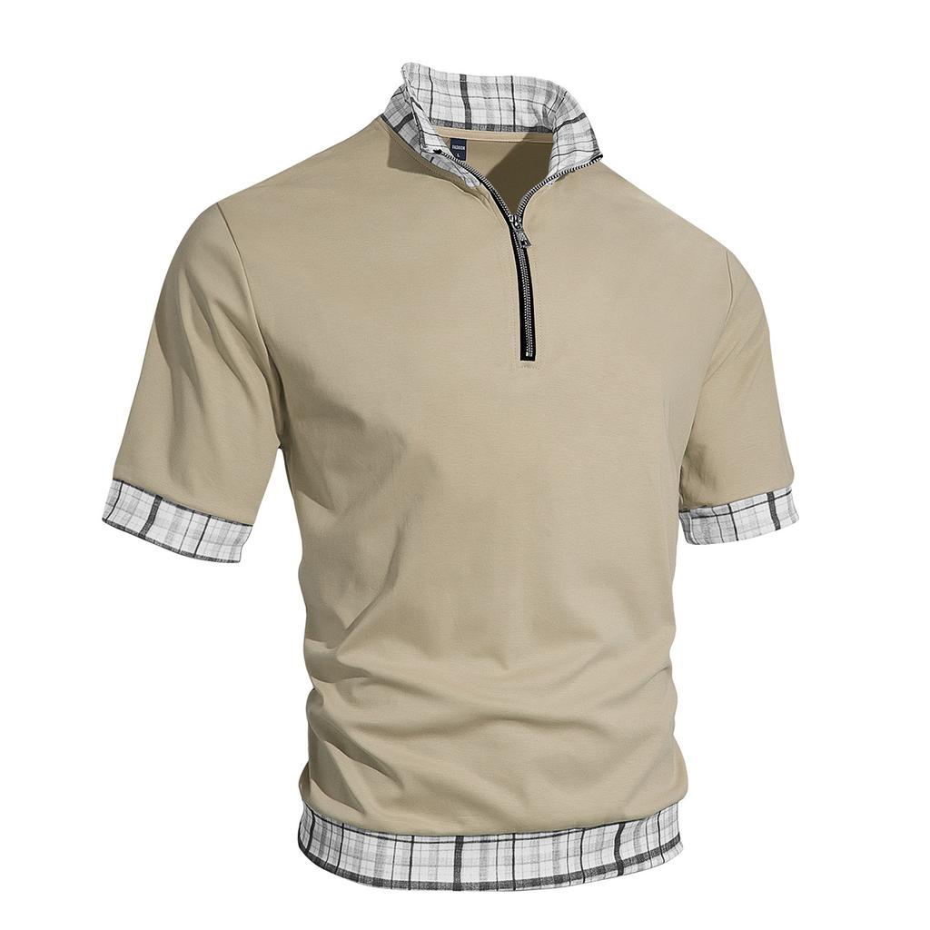 Men's Short Sleeve Polo Shirt with Half Zip Collar Layered Look Casual Loose Fit Big Size Plaid Pattern