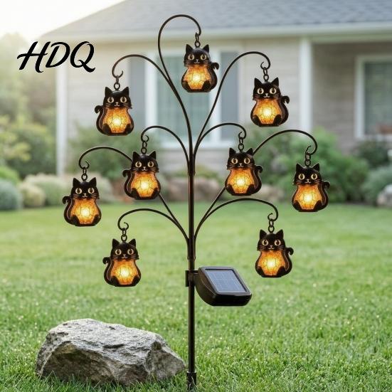 Solar Garden Lights Halloween Tree Stump Light, Powered Stake Twinkling Light Yard Stakes with Ghost Pumpkin Cat Ornaments, Vintage Glowing