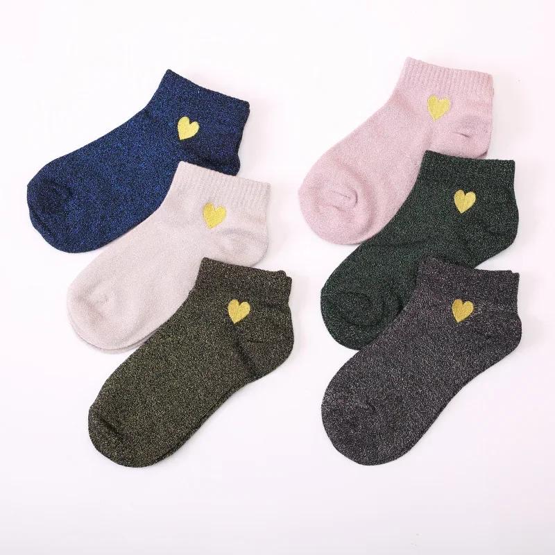 Women Embroidery Love Heart Glitter Socks Fashion Funny Gold Silver Silk Colorful Shining Sokken Shiny Calcetines Mujer Dropship