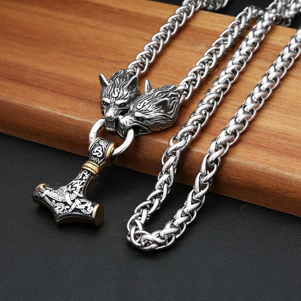 Thor's Hammer Pendant Men's Necklace Domineering Tide Stainless Steel Wolf Head Necklace Jewelry