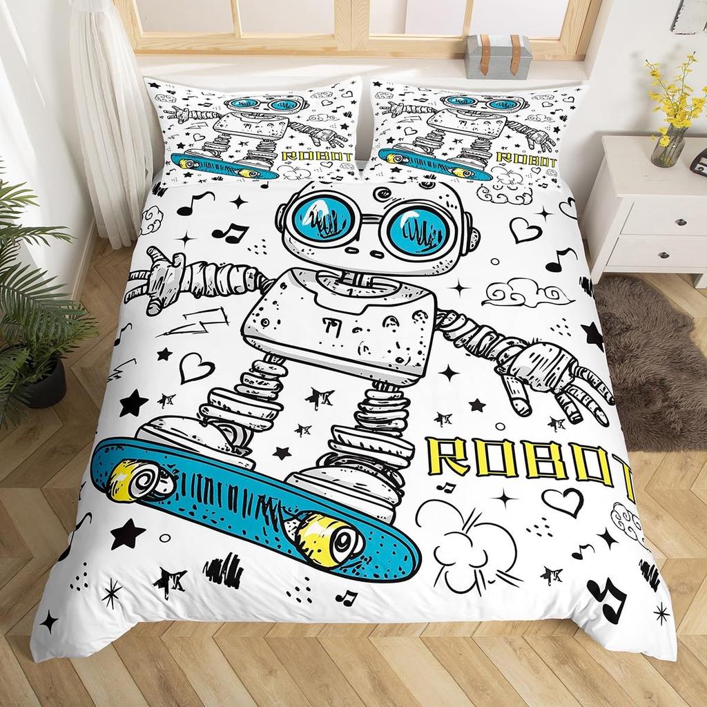 Robot Duvet Cover Sets for Kids Boys Girls Queen Size Lightweight Down Quilt Covers 2 Pillowcases 1 Comforter Cover No Comforter