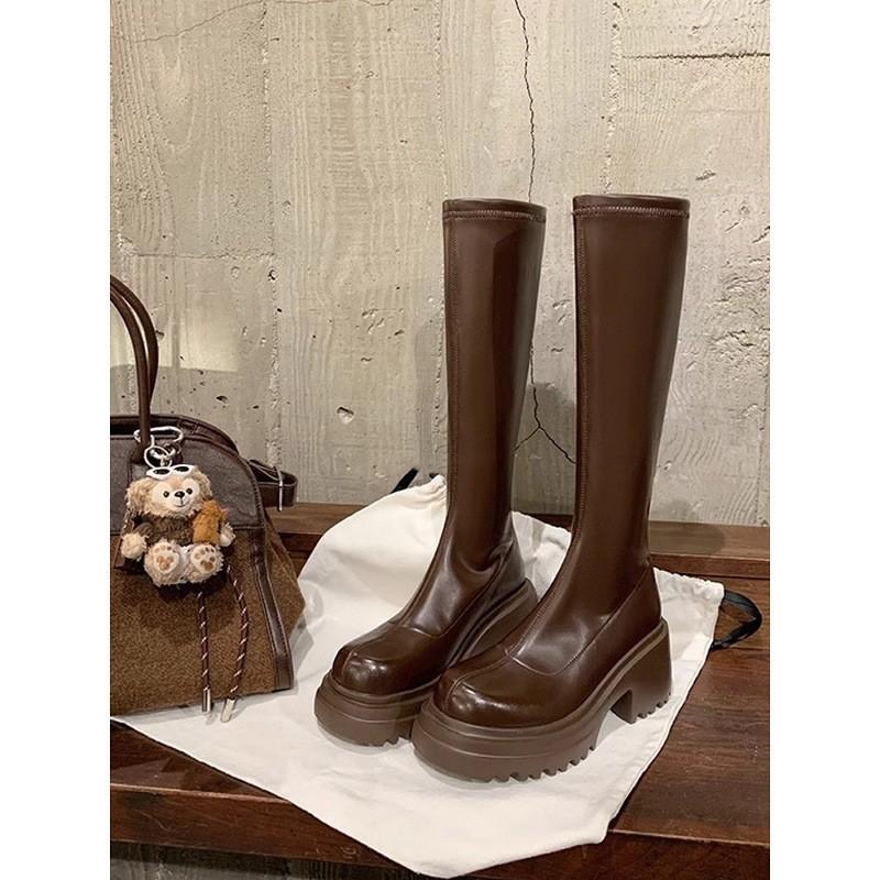 25 Autumn and Winter New Thick-soled Thick-heeled Medium-high Knight Boots Women's Velvet But Knee Boots Locomotive Thin Boots