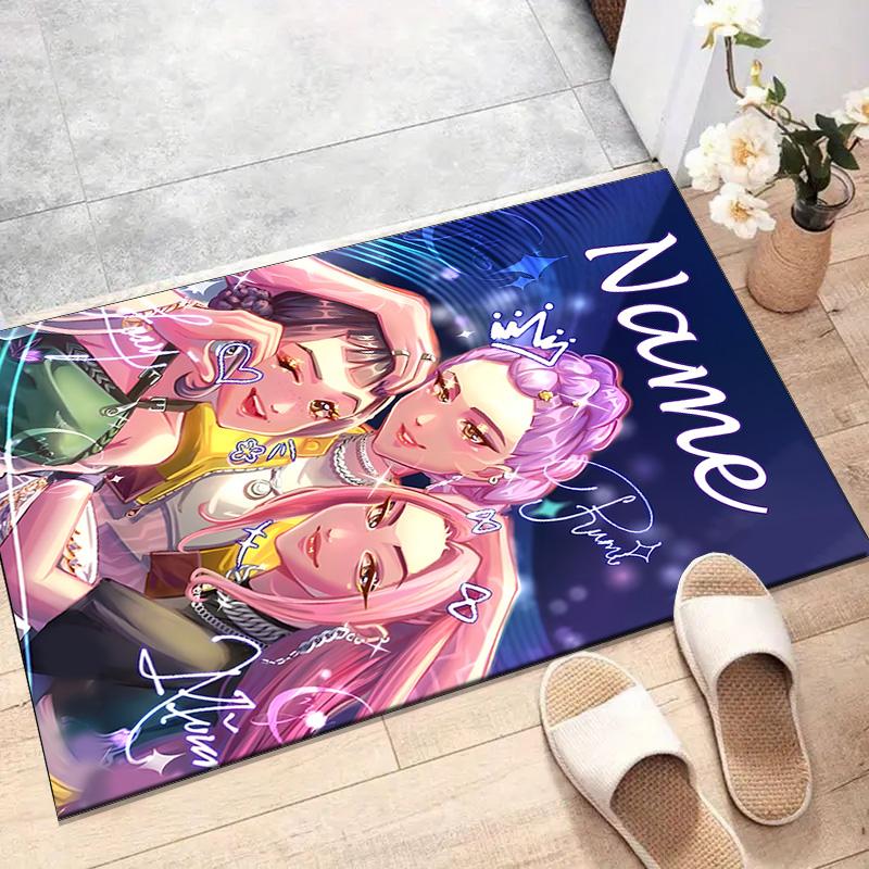 Custom KPop Demon Hunters Mat Personalized Name, Polyester Washable Indoor Entryway Rug, Gift for Christmas, Easter, Thanksgiving Day