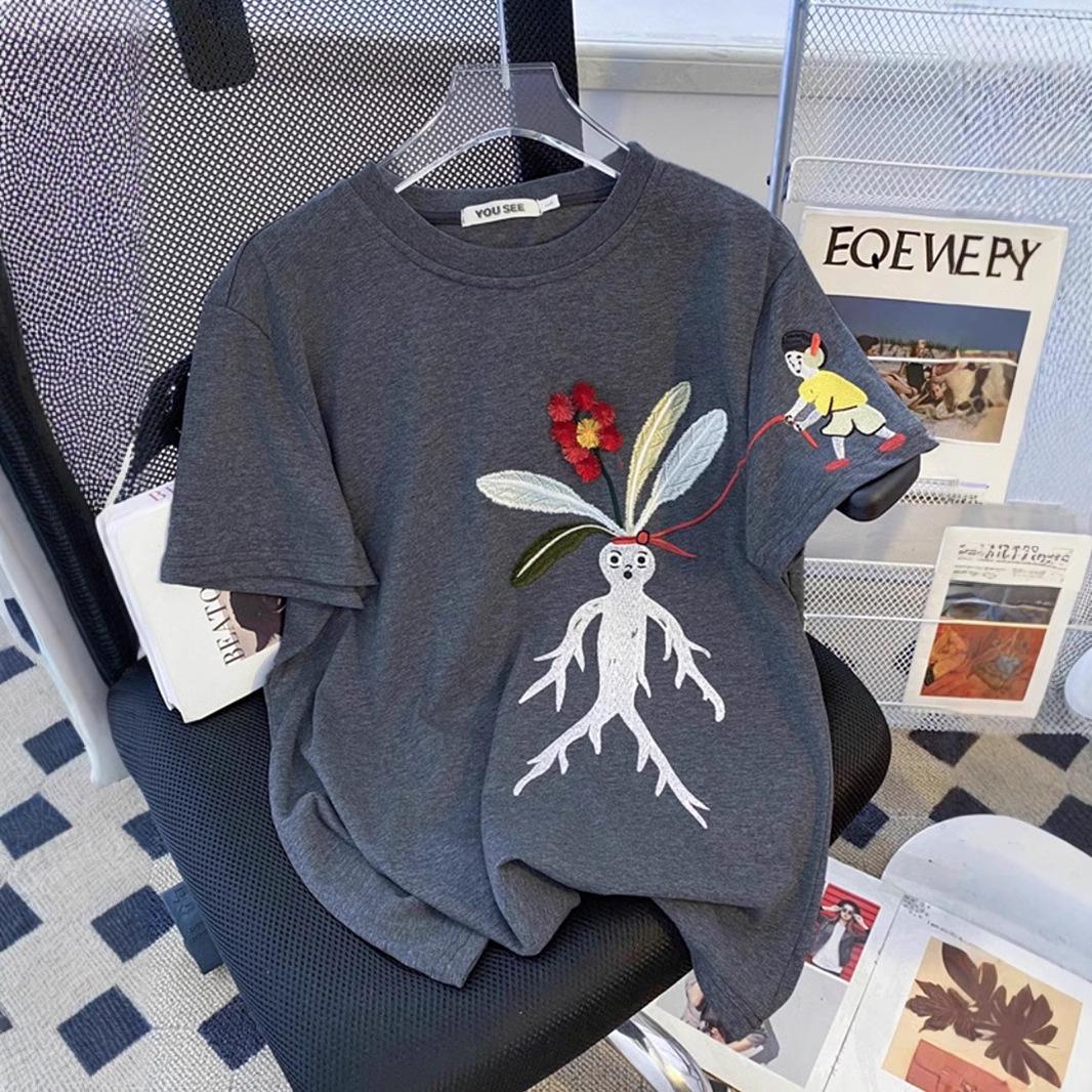 

Women s Summer Retro Embroidered Cotton T-Shirt - Short Sleeve, Loose Fit, Age-Reducing Design XL