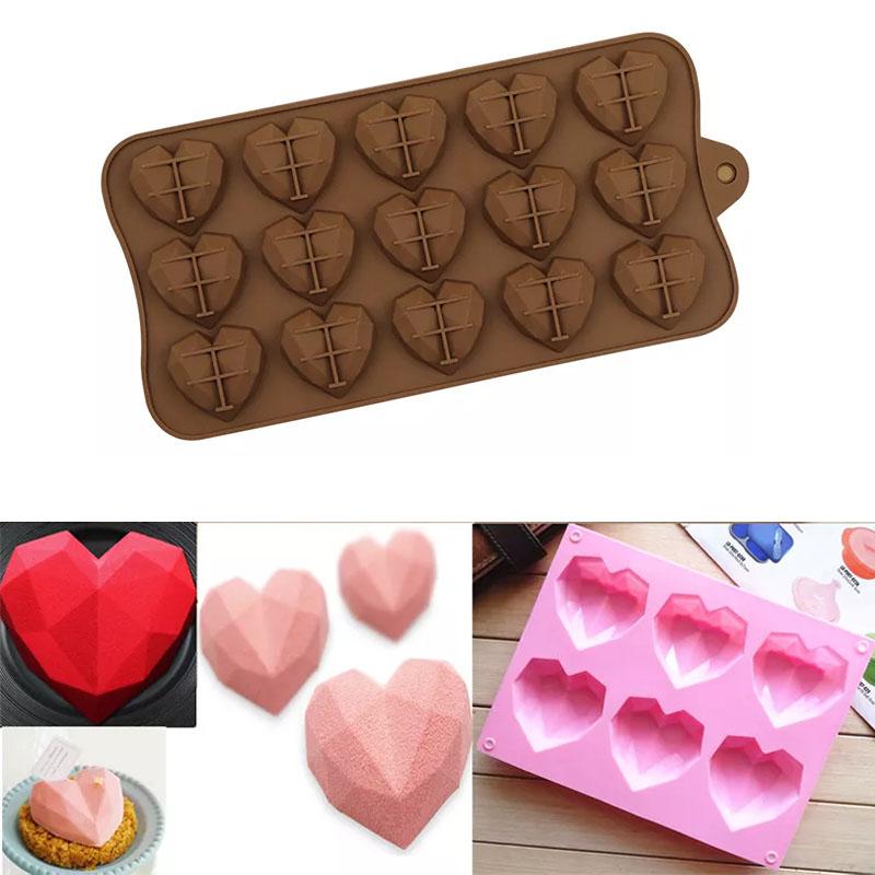 Geometric Heart Silicone Mold Chocolate Cake Mold Dessert Baking Mold for Valentine’s Day DIY Fondant Candy Ice Cube Tray Tools