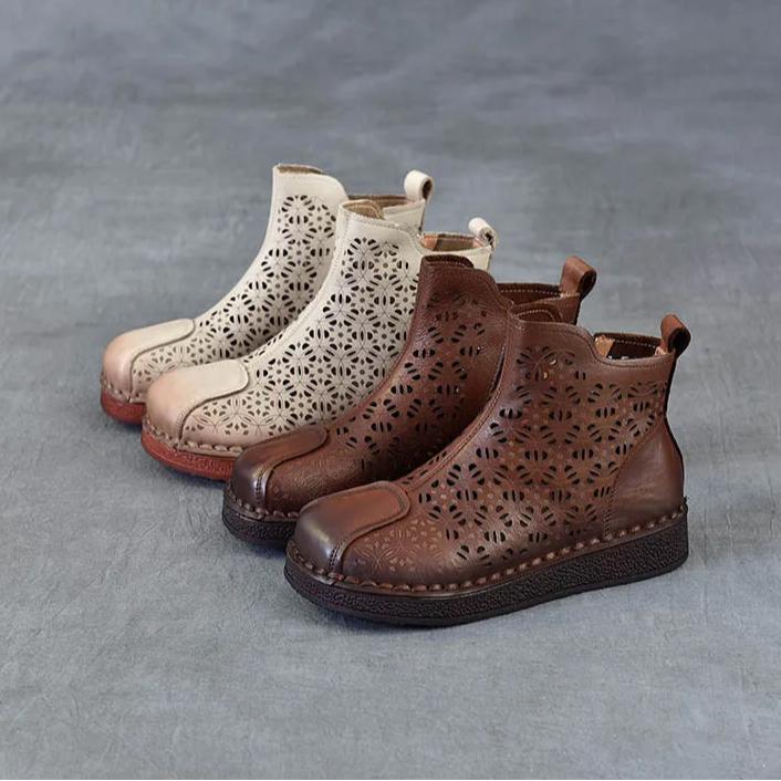 Johnature Ethnic Style Retro Soft Soled Hollow Out Boots Versatile Genuine Leather Flat Women's Sandals