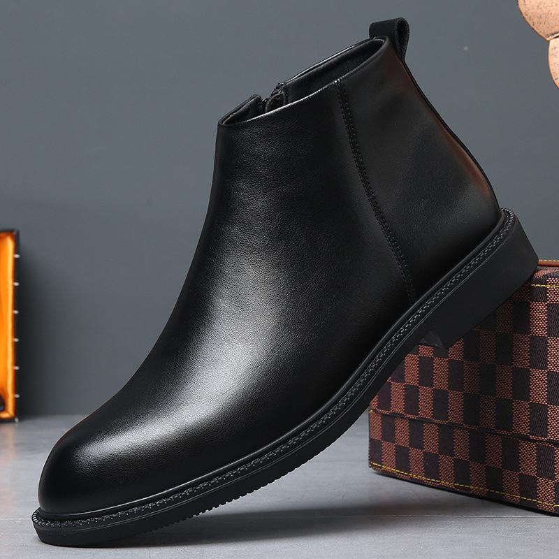 Chelsea boots men's autumn and winter leather velvet short boots British style high-top trendy versatile warm leather boots