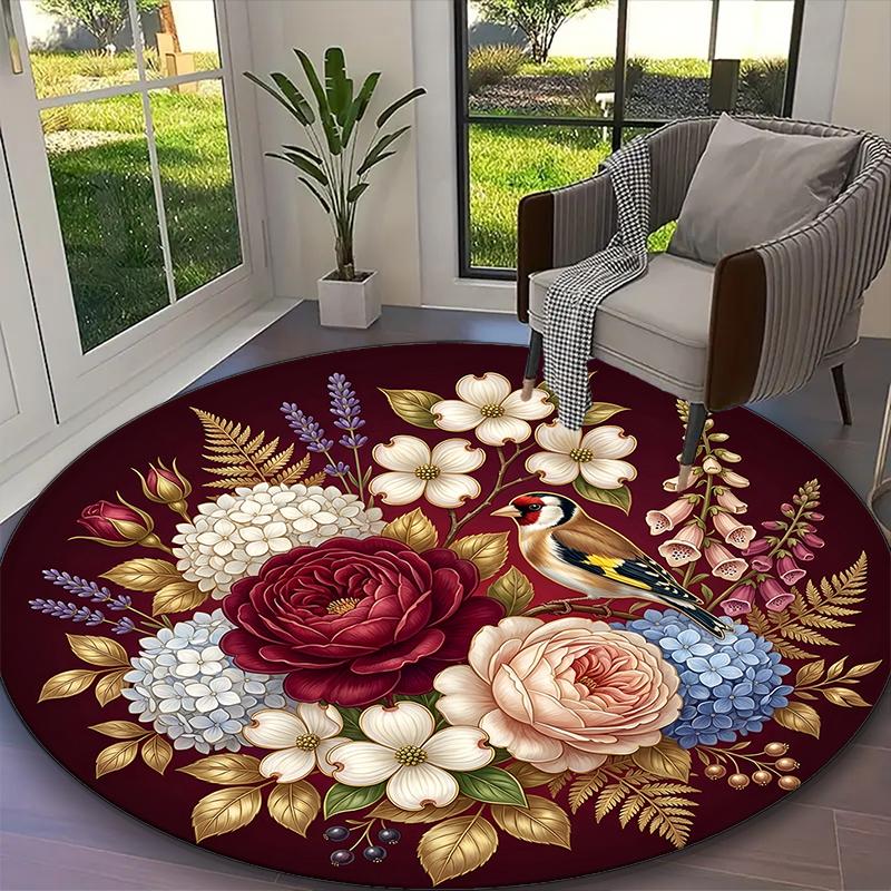 Elegant Floral Bird Flower Carpet, Non-slip Office Chair Rug, Digital Print Home Round Rug, Unique Festival Decorations