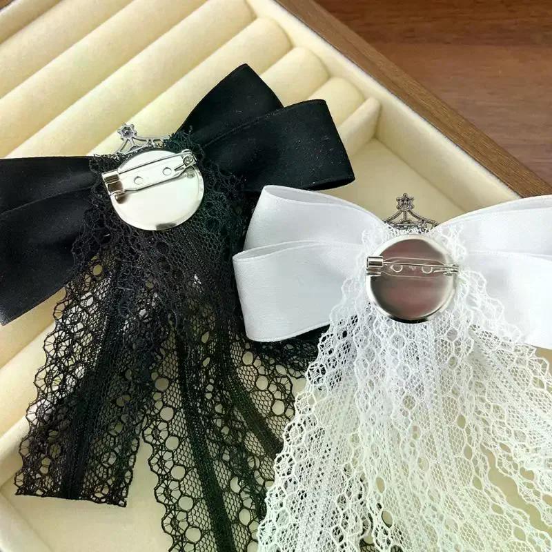 Vintage Edwardian Style Lace Bow Tie Brooch Ribbon Bowknot Suit Collar Corsage Pin Mourning Jewelry Accessory