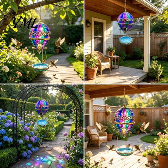 Patio Porch Bird Decor Stained Glass Hot Air Balloon Feeder Fountain, Hanging with Water Fountain Easy Fill Tray, Vintage Bronze Outdoor Garden