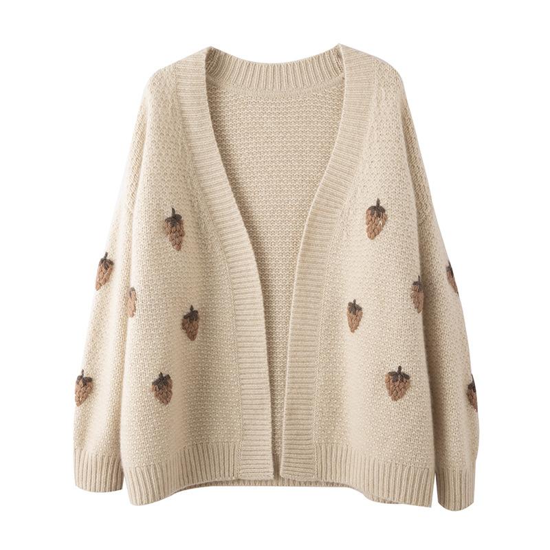 

Кардиган шерстяной женский средней длины с V-образным вырезом и цветными блоками для весны и осени, утолщенная куртка, милый кардиган с клубничками, топ XL