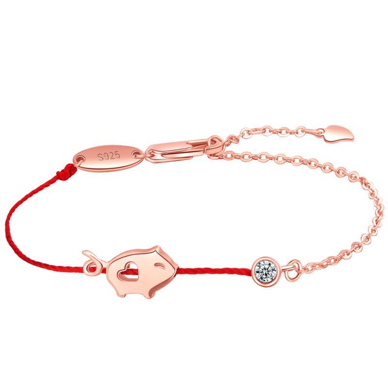 S925 Sterling Silver Dog Pig Charm Bracelet Red String Adjustable Chain Jewelry for Women Pet Lover Gift Cute Animal Bracelets