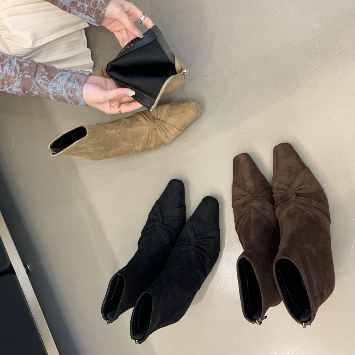 

2025 new Korean version square head thin heel back zipper bow low tube fashion women s Martin short boots 39 абрикосовый