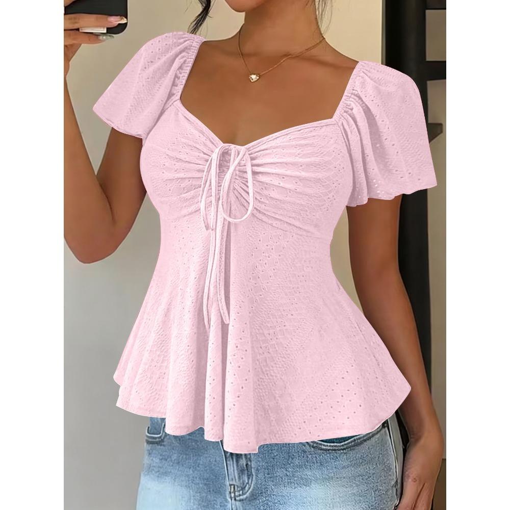 T-shirt da Donna Estiva a Maniche Corte, Scollo a V con Coulisse e Effetto Arricciato, Top Blusa Sexy Casual alla Moda per Tutti i Giorni