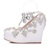 Fashion Rhinestone Bride Wedding Shoes Woman Ankle Strap Wedges High Platform Pumps High Heels Party Rhinestone Round Toe Wedges 11 CM