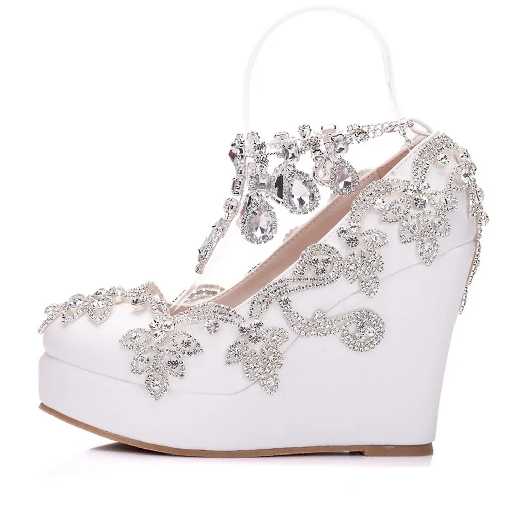 Fashion Rhinestone Bride Wedding Shoes Woman Ankle Strap Wedges High Platform Pumps High Heels Party Rhinestone Round Toe Wedges 11 CM