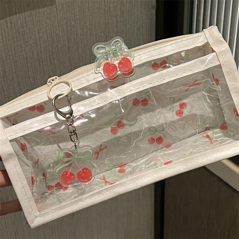 Sweet Cherry Transparent Pencil Case Large Capacity Student Stationery Zipper Pen Bag School Supplies Makeup Storage