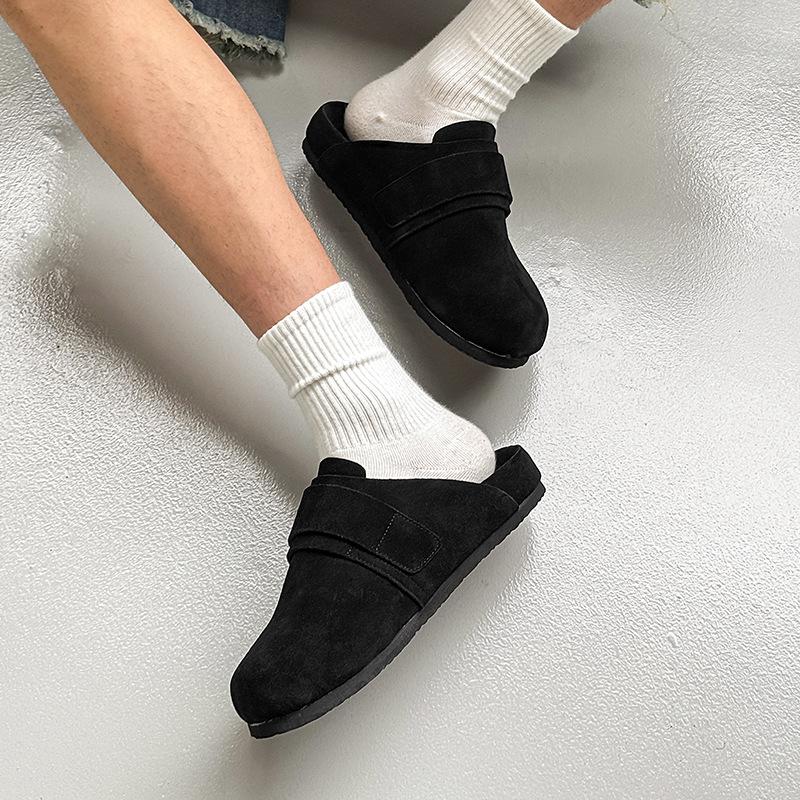 Soft Leather Bag Head Cool Slippers Thick-soled Boken Shoes Men's 2025 New Lazy Fishing Outer Shoes 59901 black-J
