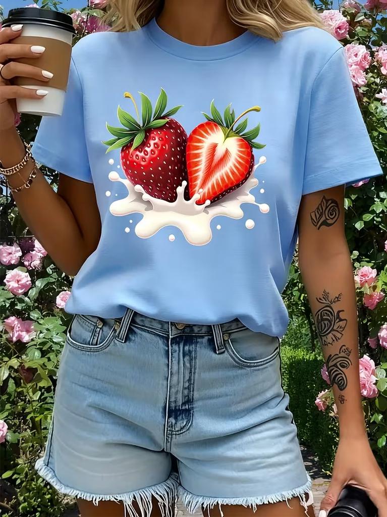 Red Strawberry Ice Cream Pattern Women's Short Sleeved T-shirt Fashion Breathable and Comfortable Round Neck Casual Women's Top