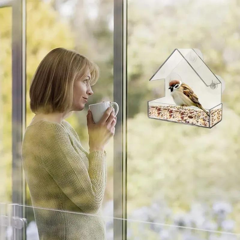 Acrylic Clear Glass Window Birds Hanging Feeder Birdhouse Food Feeding House Table Seed Peanut Suction Cup