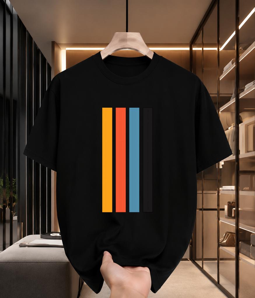 2026 New Cotton Tshirt Retro Colorblocked Four Vertical Stripes Simple Geometric Color Block Print Casual Short Sleeve