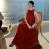 New Chinese Retro Red Shoulder Digging Holiday Dress Summer Dopamine Neck Strap Holiday Beach Dress