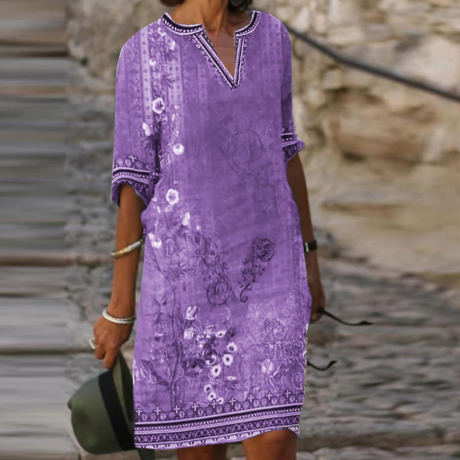 

Платья для женщин с винтажным принтом, туника, приталенная миди-платье, летнее повседневное платье с коротким рукавом XXL фиолетовый