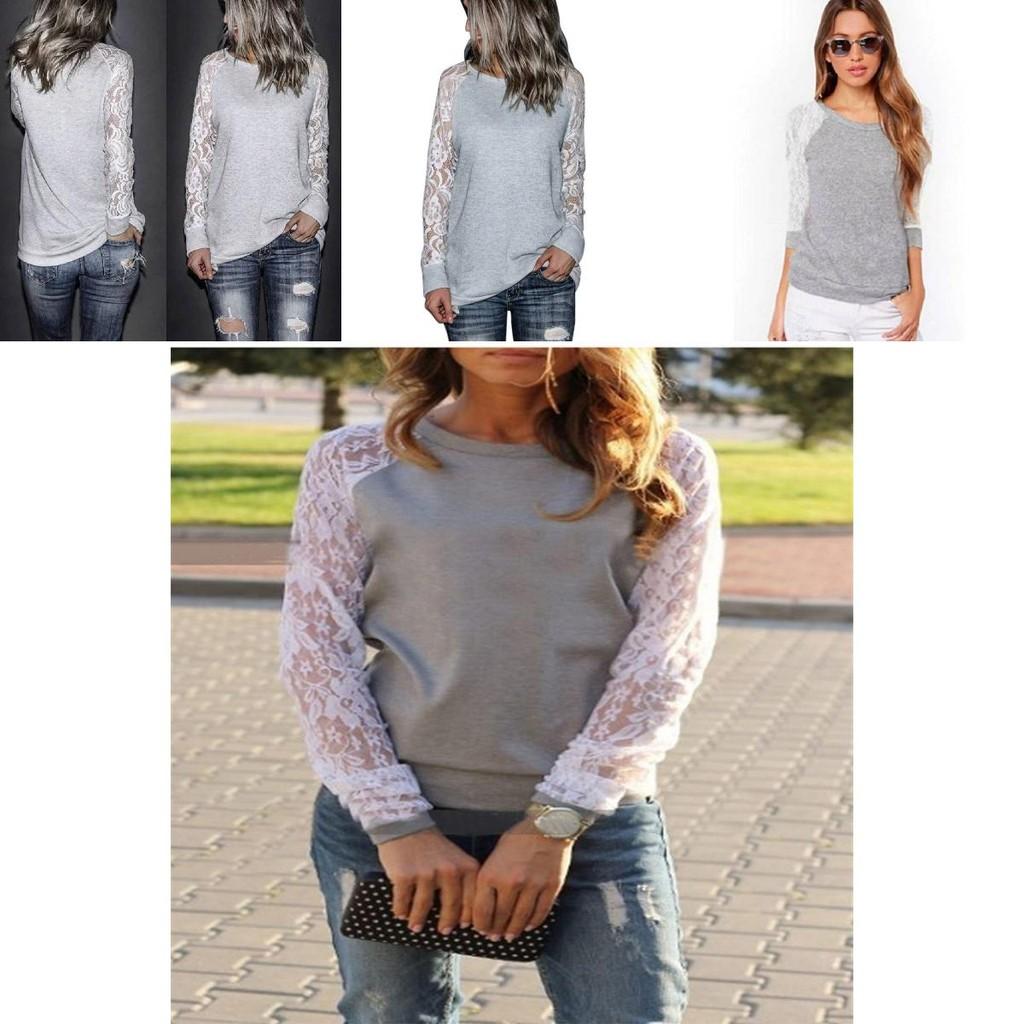 Grey Trim Lace Crew Neck Fitted Tshirt Blended Fabric Hoodie Women Sleeve Long