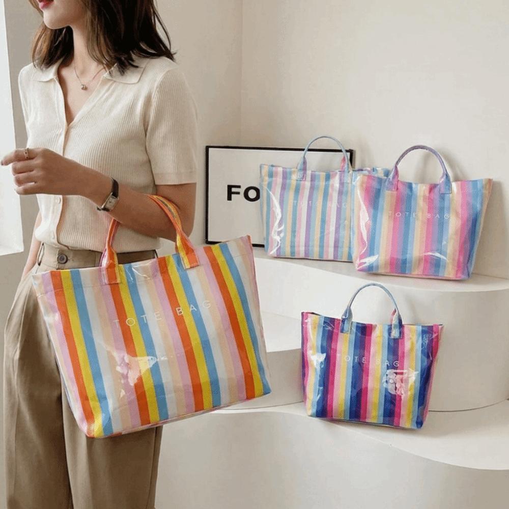 Large Capacity Striped Tote Bag Colorful Shoulder Bag Multi-Functional PVC Handbag Daily