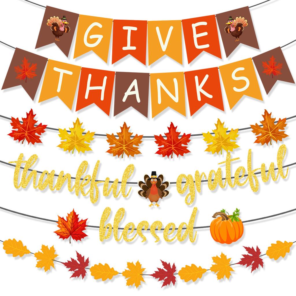 Thanksgiving Party Decoration Banner Harvest Festival Arrangement Turkey Pumpkin Maple Leaf La Flower