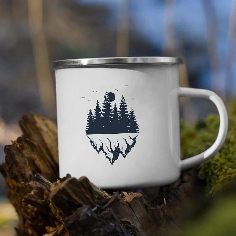 Stampa 'Le Montagne Aspettano' Tazza Smaltata Creativa Campeggio Caffè Tè Acqua Latte Tazze Manico Bicchiere Vacanza Escursionismo Regalo