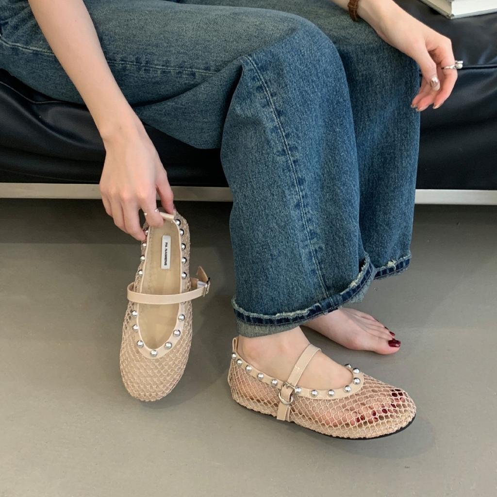 Flache Mesh-Einzelschuhe Damen 2025 neu Sommer atmungsaktiv Fischernetz Ballett Mary Jane Abendschuhe Lochsandalen