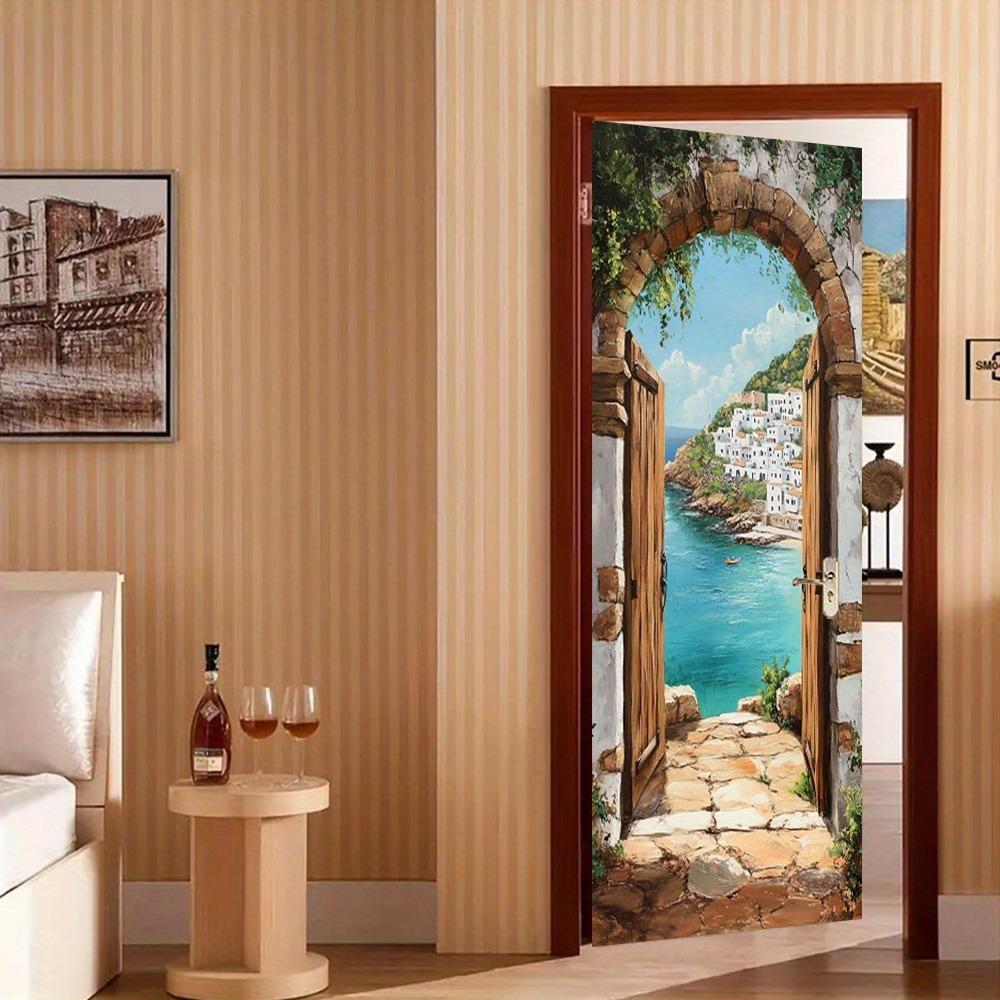 Adesivos de porta com tema oceano azul apresentando designs de arcos de pedra e papel de parede de paisagem mediterrânea, adequados para decoração de casa.