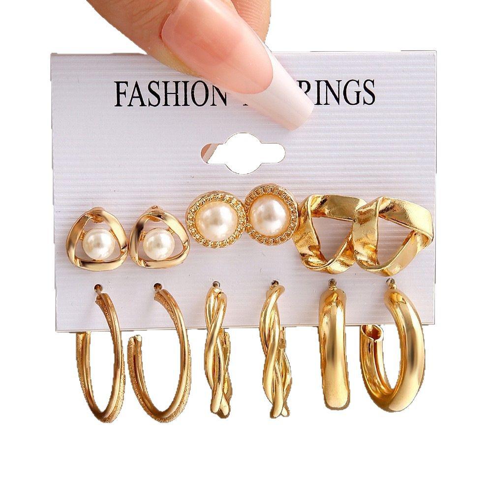 European & American Retro Geometric Hammered Textured Earrings 6-Piece Set: Creative Heart Diamond Stud & Alloy Earrings
