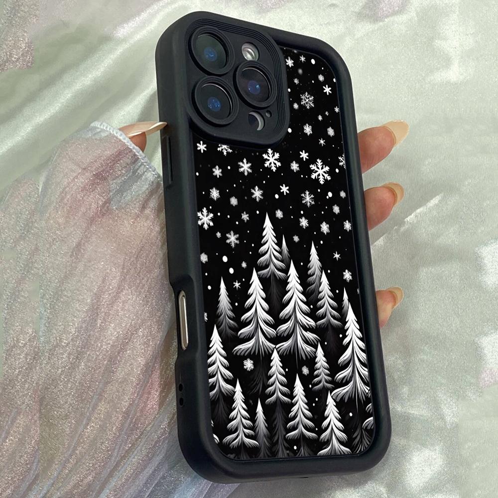 JT94 Black White Snowflakes Christmas Tree for iPhone 17 16 15 Pro Max Samsung S26 S25 S24 Ultra A17 A16 A07 A56  Xiaomi 15T Redmi 15c Soft TPU Case
