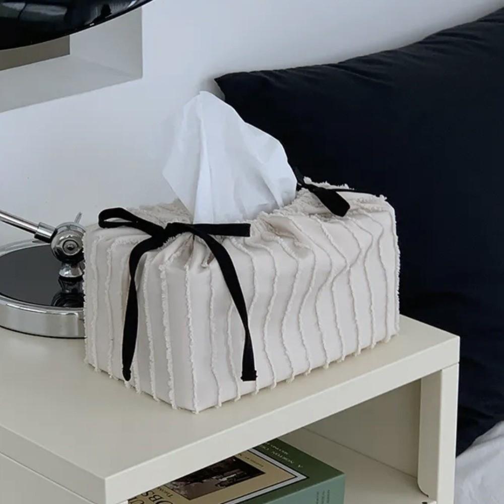 Practical Ribbon Drawstring Tissue Bag Adjustable Solid Color Fabric Tissue Box Practical Paper Towel Holder Home Decoration