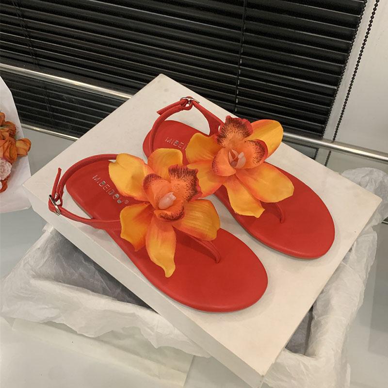 Fashion New Female Flats Sandals Shoes For Women Flip Flops Round Toe Fashion Flower Footwear Ankle Buckle Ladies Flats Sandals Shoes