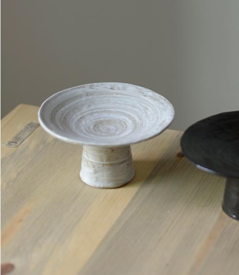 Piatto Rotondo in Gres Stoneware Retrò Vassoio per Frutta Piatto da Dessert Vassoio per Rinfreschi Piatto da Cena su Treppiede Alto Piatti in Ceramica Bianco e Nero