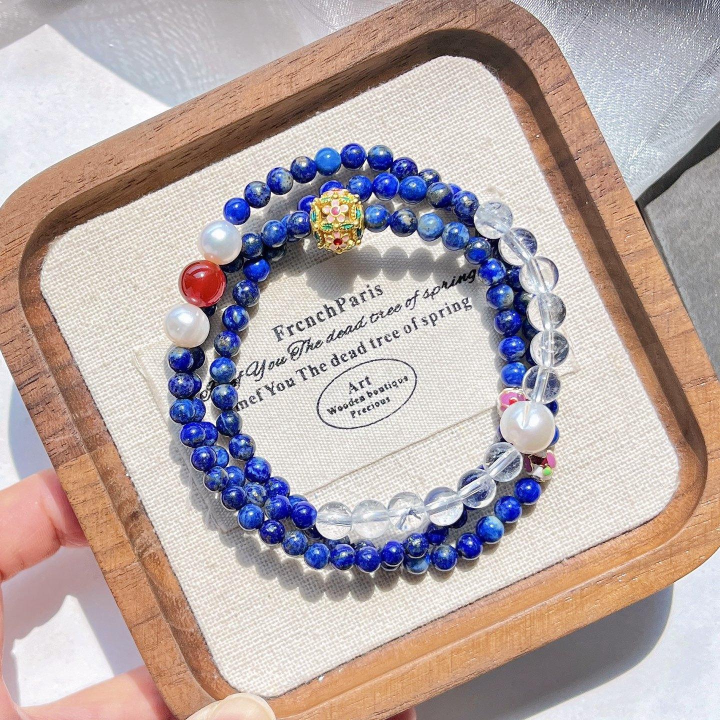 4Mm Natural Lapis Lazuli White Crystal Freshwater Pearl Multi-Circle Design Bracelet Bracelet.