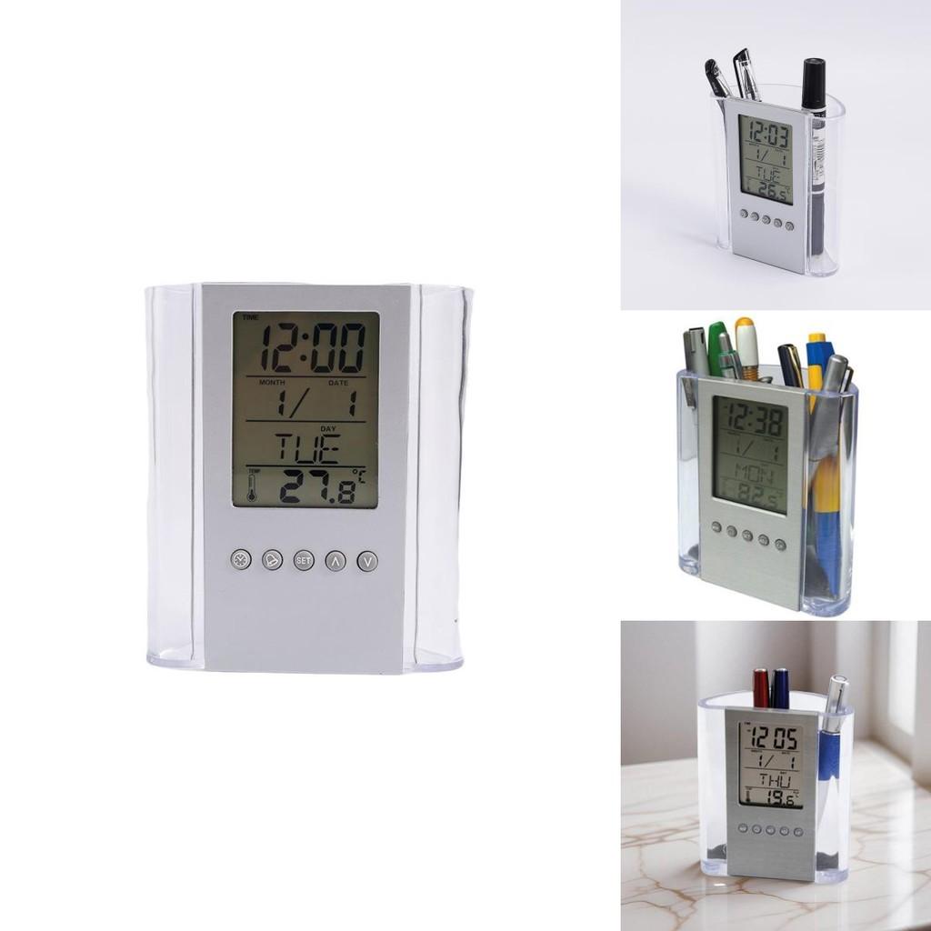 Creative Acrylic Office Pen Cup With Digital Date Clock And Multifunction Storage For Professionals