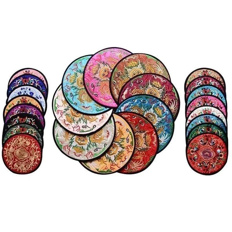 

Chinese Retro Style Fabric Embroidery Coasters Hot Milk Or Coffee Storage Items Personalized Home Dining Table Decoration Tools 12.8CM